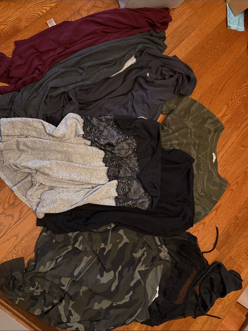 Assorted Women's Tops - Burgundy, Gray, Black, Olive & Camo
